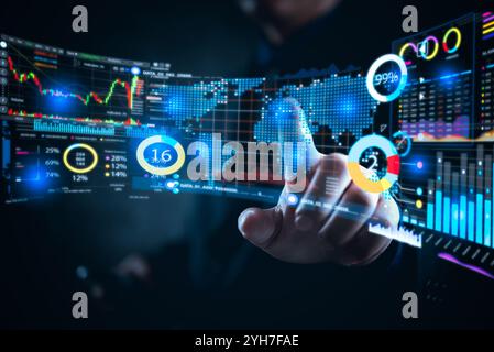 Businessman interacting with global financial data on digital interfaces, analyzing stock market trends and international business metrics. Ideal for Stock Photo