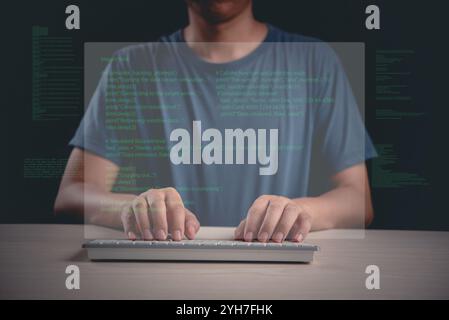 Hands typing on laptop with programming code on screen, representing software development. Perfect for coding, IT solutions, digital technology, web a Stock Photo