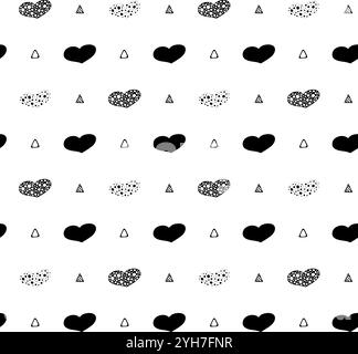 Geometric heart pattern. Black seamless isolated ornament, hearts with dots, small triangles. Stock Vector