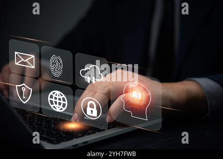 Hands on a laptop with digital icons of AI, cloud computing, and cybersecurity, showcasing technology integration in modern business. Suitable for tec Stock Photo