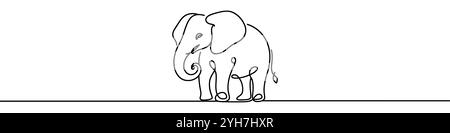 One continuous line illustration of an elephant. Line art of elephant. Stock Vector