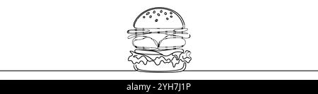 One continuous line illustration of a hamburger. Line art of hamburger Stock Vector