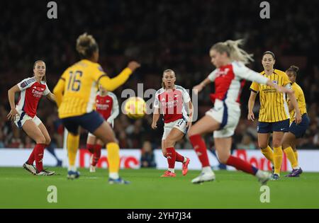 Arsenal's Katie McCabe, Lia Walti and watch on as Alessia Russo and Jorelyn Carabali go of the ball during the Barclays FA Women's Super League match between Arsenal and Brighton and Hove Albion at the Emirates Stadium, London on Friday 8th November 2024. (Photo: Jade Cahalan | MI News) Credit: MI News & Sport /Alamy Live News Stock Photo