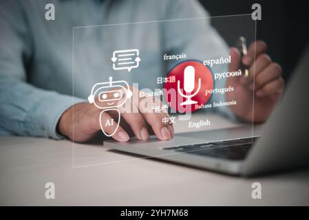 AI Translation technology concept. App for communication, international interaction. AI-powered chatbot interface with multilingual speech recognition Stock Photo