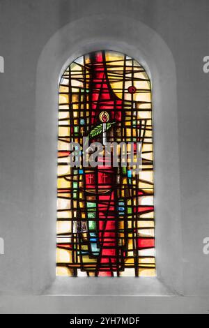 Detail of the stained glass windows in the church of Vire in Normandy, France Stock Photo