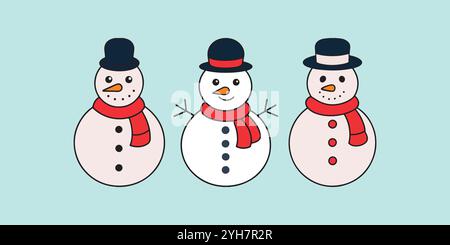 Cute Cartoon Christmas Snowman icons set, Winter Snowman vector clipart, Snowman Vector Illustration For T Shirt Design. Stock Vector