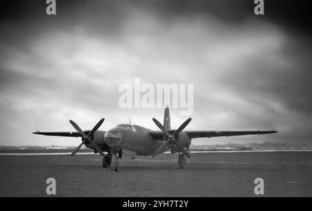 A Martin B-26 Marauder, an American twin-engined medium bomber it saw extensive service during World War Two. First used in the Pacific Theatre and in the Mediterranean Theatre and in Western Europe, by the end of the war it had been used in combat by British, Free French and South African forces in addition to US units flying more than 110,000 sorties. Initially, early models had a high accident rate during takeoffs and landings. However after aerodynamic modifications it ended World War II with the lowest loss rate of any U.S. Army Air Forces bomber. Stock Photo