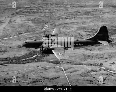 The Boeing B-29 Superfortress is an American four-engined propeller-driven heavy bomber, flown primarily by the United States during World War II and the Korean War. The Superfortress, one of the largest aircraft of World War Two, was designed for high-altitude strategic bombing, but also excelled in low-altitude night incendiary bombing, and in dropping naval mines to blockade Japan. B-29s dropped the atomic bombs on Hiroshima and Nagasaki, the only aircraft ever to drop nuclear weapons in combat. Stock Photo