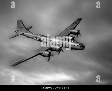 The Boeing B-29 Superfortress is an American four-engined propeller-driven heavy bomber, flown primarily by the United States during World War II and the Korean War. The Superfortress, one of the largest aircraft of World War Two, was designed for high-altitude strategic bombing, but also excelled in low-altitude night incendiary bombing, and in dropping naval mines to blockade Japan. B-29s dropped the atomic bombs on Hiroshima and Nagasaki, the only aircraft ever to drop nuclear weapons in combat. Stock Photo