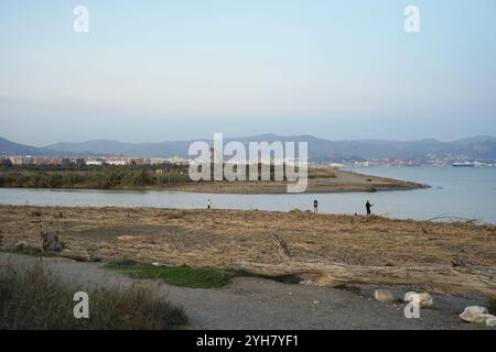 High water level Gudalhorce river mouth at Natural Park Guadalhorce after heavy rain, Andalusia, Malaga, Spain. Stock Photo