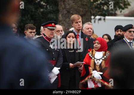 Newham Mayor Rokhsana Fiaz Obe The Rt Hon Sir Stephen Timms is the Labour MP for East Ham and?Councillor Rohima Rahman at the Memorial service in East Ham. Remembrance Sunday service in Newham took place at the the Cenotaph in Central Park. The service will be led by The Reverend Canon Fred Ashford-Okai, and is attended by LBN Councillors, the King's Representative, past and present members of the armed forces, uniformed services, St. John's Ambulance, and young people representing various Scouting, Guiding and Cadet organisations. (Photo by David Mbiyu/SOPA Images/Sipa USA) Stock Photo