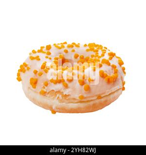 Doughnut and cup of black cofee isolated on white background. Delightful dessert presented on blank neutral canvas. Stock Photo