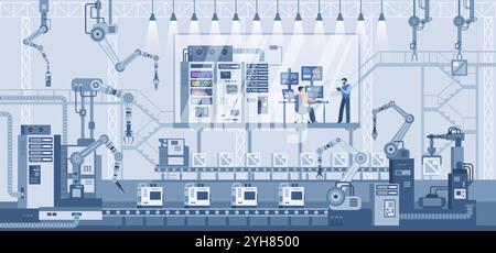 Industrial machine tools in production line manufacturer factory. Automated production process, high tech machinery. Stock Vector
