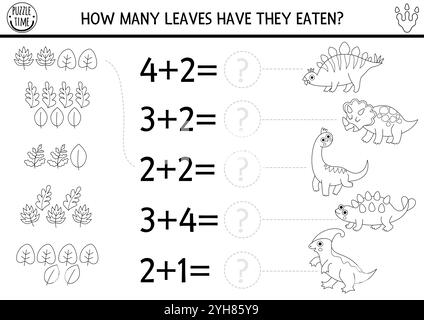 Black and white counting and matching game with ancient animals, leaves. Dinosaur math addition activity for kids. Prehistoric line printable counting Stock Vector