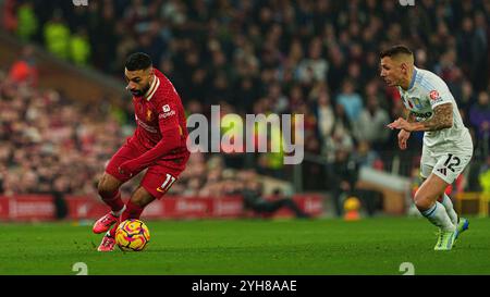 Liverpool's Mohamed Salah in action with Aston Villa's Lucas Digne during the Premier League match between Liverpool and Aston Villa at Anfield, Liverpool on Saturday 9th November 2024. (Photo: Steven Halliwell | MI News) Credit: MI News & Sport /Alamy Live News Stock Photo