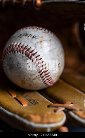 Detail of a baseball and glove Stock Photo