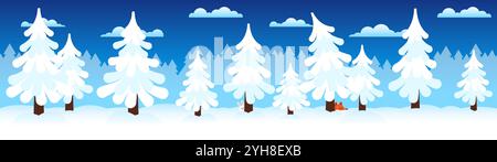 Snow-covered trees in a winter landscape under a bright blue sky with fluffy clouds. Stock Vector