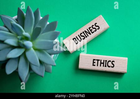 Business ethics symbol. Concept word Business ethics on wooden blocks. Beautiful green background with succulent plant. Business and Business ethics c Stock Photo