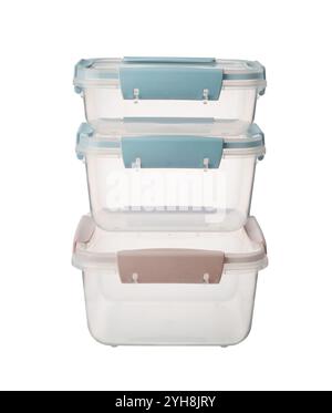 Several new plastic food containers isolated on white. Stock Photo