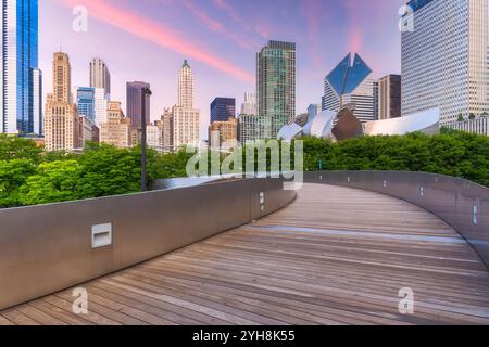 Chicago Skyline at Sunrise from the Wooden Bridge in Millennium Park ...