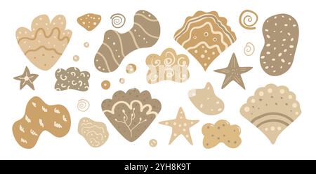 Coastal circular emblem. Seashells, starfish, and abstract splodge shapes Vector hand drawn illustration. Stock Vector