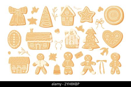 Gingerbread cookies set isolated on white background. Bow, evergreen tree and ginger house and man. Homemade festive baking. Christmas sweet dessert w Stock Vector