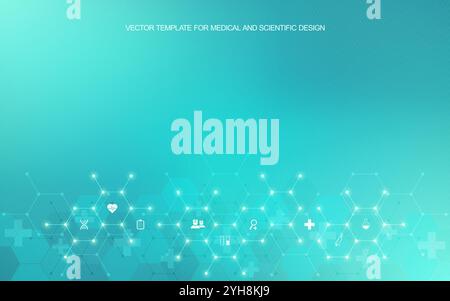 Medical background and healthcare technology with flat icons and symbols. Concept and idea for health care business, innovation medicine, health Stock Vector