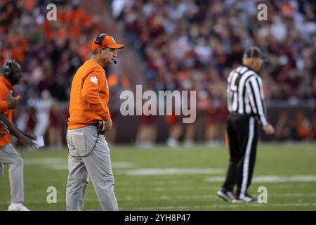 Blacksburg, VA, USA. 9th Nov, 2024. Clemson Tigers head coach Dabo Swinney coaches on the sideline during the NCAA football game between the Clemson Tigers and the Virginia Tech Hokies at Lane Stadium in Blacksburg, VA. Jonathan Huff/CSM/Alamy Live News Stock Photo