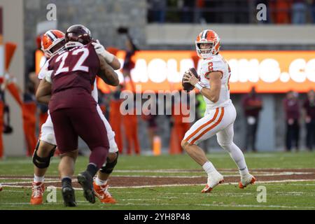 Blacksburg, VA, USA. 9th Nov, 2024. Clemson Tigers quarterback Cade Klubnik (2) looks for an open teammate during the NCAA football game between the Clemson Tigers and the Virginia Tech Hokies at Lane Stadium in Blacksburg, VA. Jonathan Huff/CSM/Alamy Live News Stock Photo