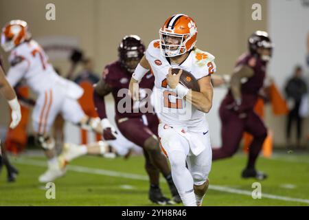 Blacksburg, VA, USA. 9th Nov, 2024. Clemson Tigers quarterback Cade Klubnik (2) scrambles with the ball during the NCAA football game between the Clemson Tigers and the Virginia Tech Hokies at Lane Stadium in Blacksburg, VA. Jonathan Huff/CSM/Alamy Live News Stock Photo