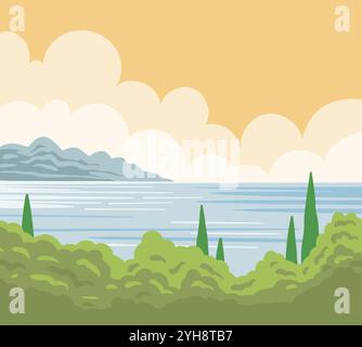 Wildlife landscape with forest. Southern resort. Sea and mountains. Beautiful calm nature. Picturesque landscape. Summer day. Flat vector illustration Stock Vector