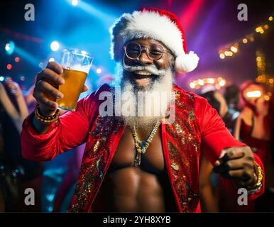 Black Santa Claus, having fun, with open arms, open coat and exposed belly, holding a mug of beer with nightclub lights in the background. Stock Photo