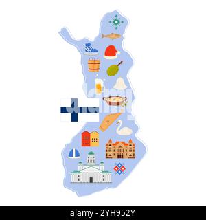 Travel to Finland set, Finnish culture and landmarks, food and traditional sauna kit on infographic country map. Flag and old buildings, salmon and beer mug, swan and hat cartoon vector illustration Stock Vector