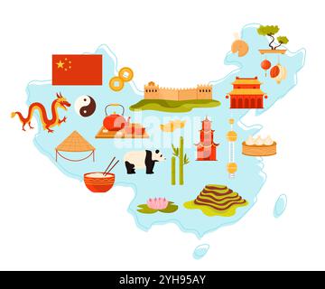 Travel to China, heritage landmarks and animals, Chinese culture elements on infographic country map. Great Wall of China and palace, pagoda and panda, flag and dragon cartoon vector illustration Stock Vector