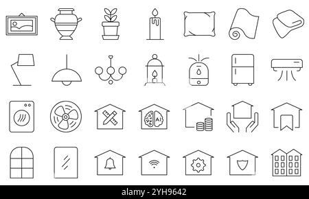 Collection of minimalist home decor icons, featuring stylish designs for interior elements. Perfect for apps, websites, or projects focused on modern Stock Vector