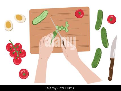 Cooking food, top view. Slicing cucumbers, tomatoes, ingredients preparation from above. Chefs hands preparing meal, dish, eating, pizza and sandwiche Stock Vector
