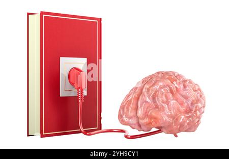 Book charging brain. Book as energy for brain, concept. 3D rendering isolated on white background Stock Photo