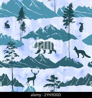 Seamless background mountains and animals. hand drawing. Not AI Vector illustration Stock Vector