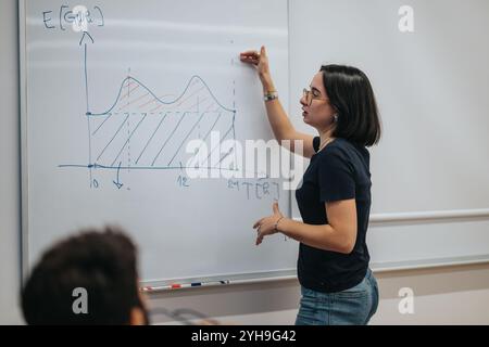 Female teacher explaining graph on whiteboard in classroom lesson Stock Photo