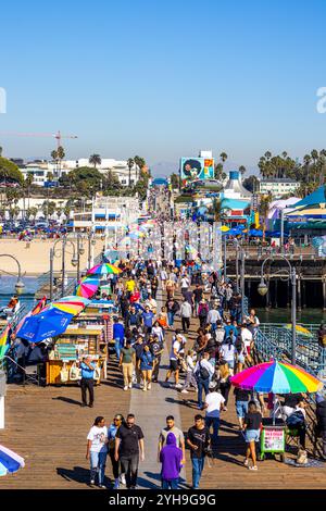 Santa Monica, USA. 9th November, 2024. High angle view of crowds of tourists enjoying unseasonably warm weather on Santa Monica Pier, Santa Monica, California, USA. Credit: Stu Gray/Alamy Live News. Stock Photo