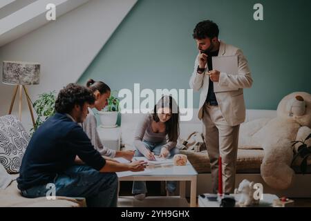 High school students collaborating on an assignment with professor Stock Photo