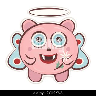Cute groovy monster sticker, vector pink character, pig with butterfly wings and a halo, hippy and trippy avatar, trendy funky illustration Stock Vector