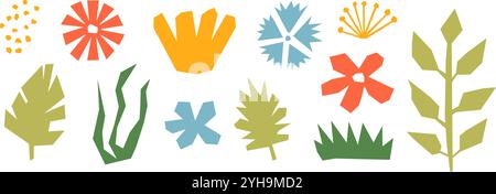 Cut out organic paper elements collection. Colorful abstract floral collage shape set. Kid cut plants, flowers, leaves bundle for decoration, poster, banner, print. Children illustration pack. Vector Stock Vector
