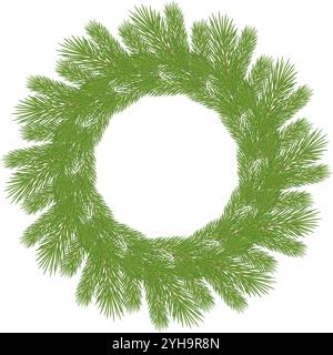 Simple circular wreath made from green pine branches, isolated on a white background. Traditional Christmas and New Year decoration. Stock Vector