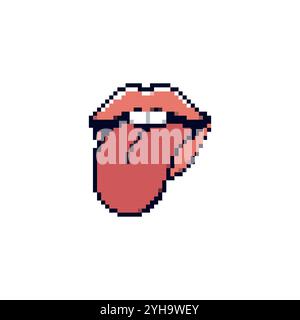 Pixel art mouth with tongue sticking out. Retro pixelated mouth and tongue icon in minimalistic style. Stock Vector