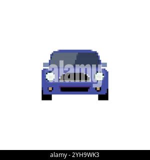 Pixelated sports car icon in front view. Retro pixel art sports car simple detailing vehicle retro design icon. Stock Vector