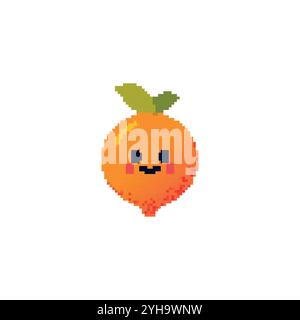 Pixel art cute orange fruit character. Smiling pixelated happy orange with leaves Stock Vector