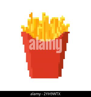 Pixel french fries icon red box. Retro pixel art fast food fries snack retro cartoon isolated icon. Stock Vector