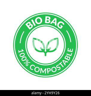 Eco-friendly bio bag logo. Green compostable symbol with leaf design biodegradable packaging. Stock Vector