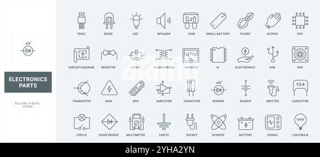 Microchip and diode, hardware transistors, capacitors and resistors, thin black outline symbols vector illustration. Electronic components, electric circuits and devices line icons set. Stock Vector